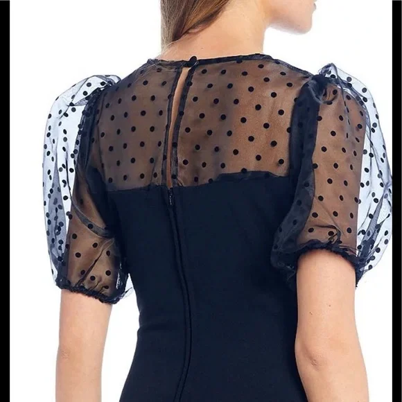 B.DARLIN Puff Sleeve Mesh Flocked Dot Sheath Dress - Picture 4 of 11